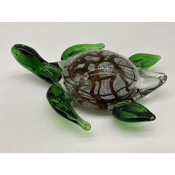 Italian Art Glass Sea Turtle Green Marbled Paperweight Gold Brown Marine - Picture 5 of 16